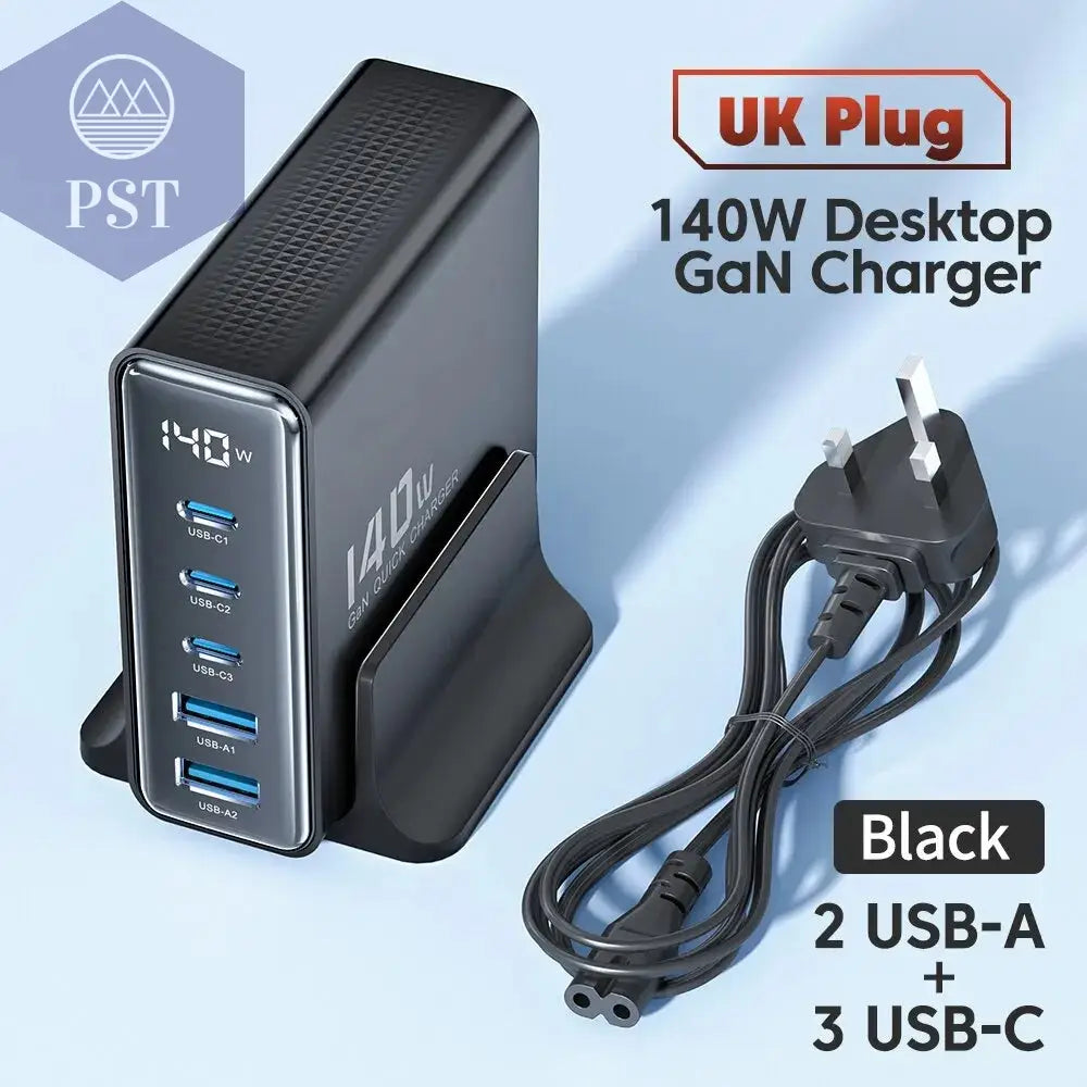 Toocki 140W GaN USB Charger 5in1 Desktop Fast Charge PST PS Tradings UK Black Toocki 140W GaN USB Charger 5in1 Desktop Fast Charge