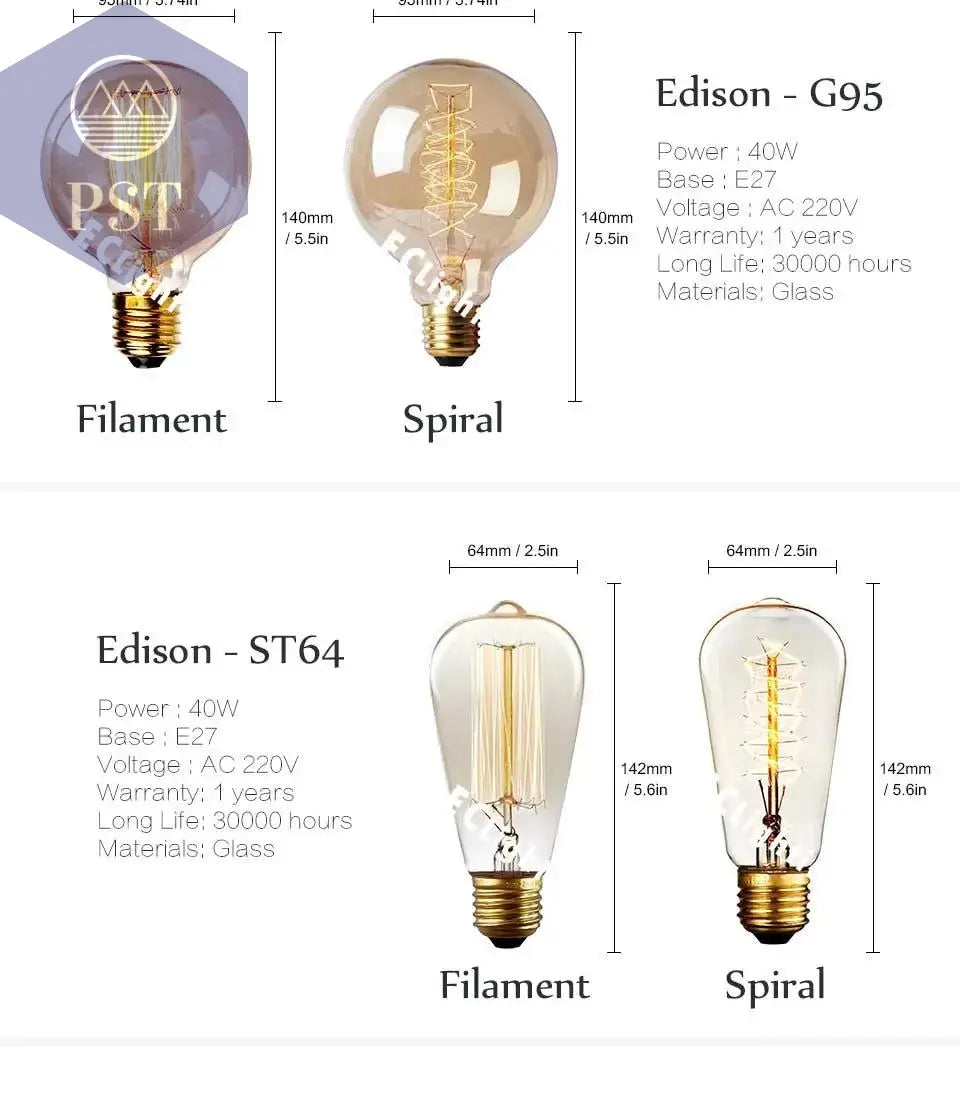 Edison Bulb E27 220V 40W ST64 A19 T45 G80 G95 G125 Incandescent Filament Bulb Lighting Retro Edison Light Bulb       PST PS Tradings