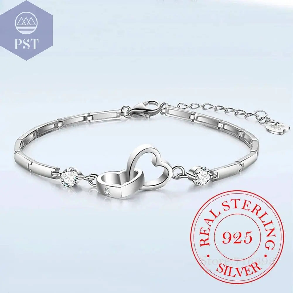 New Charms 925 Sterling Silver Bracelets Bangles for Women Valentine's Days Gift Cubic Zircon Double Heart Bracelet Jewelry - Property & Safety Tradings