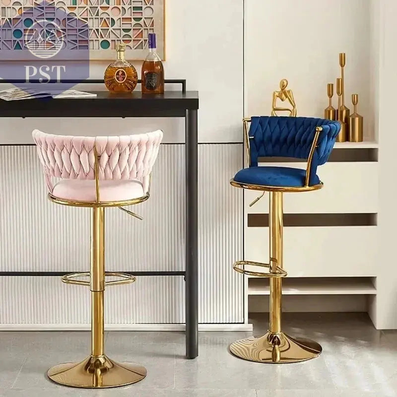 Rotierender Hebe-Barstuhl, hoher Fußhocker, nordische Goldbein-Rückenlehne, Samt, Salle Manger, Wohnmöbel       PST PS Tradings