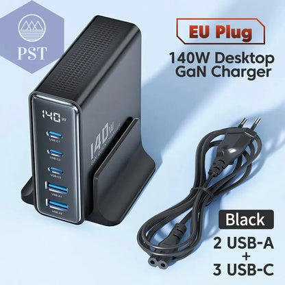 Toocki 140W GaN USB Charger 5in1 Desktop Fast Charge PST PS Tradings  EU Black Toocki 140W GaN USB Charger 5in1 Desktop Fast Charge