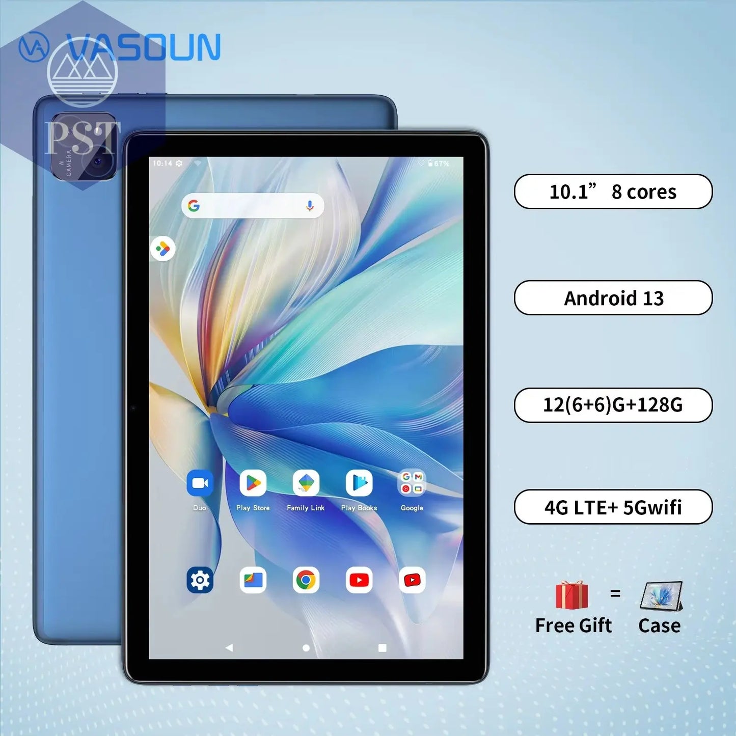 VASOUN Android 14 Tablet 10.1", 12GB(6+6 Expand) RAM, 128GB ROM, Octa Core, Dual SIM 4G Unlocked with 2.4G/5G Wifi GPS PST PS Tradings  PST PS Tradings Blue-With-Case-Us PST PS Tradings VASOUN Android 14 Tablet 10.1", 12GB(6+6 Expand) RAM, 128GB ROM, Octa Core, Dual SIM 4G Unlocked with 2.4G/5G Wifi GPS